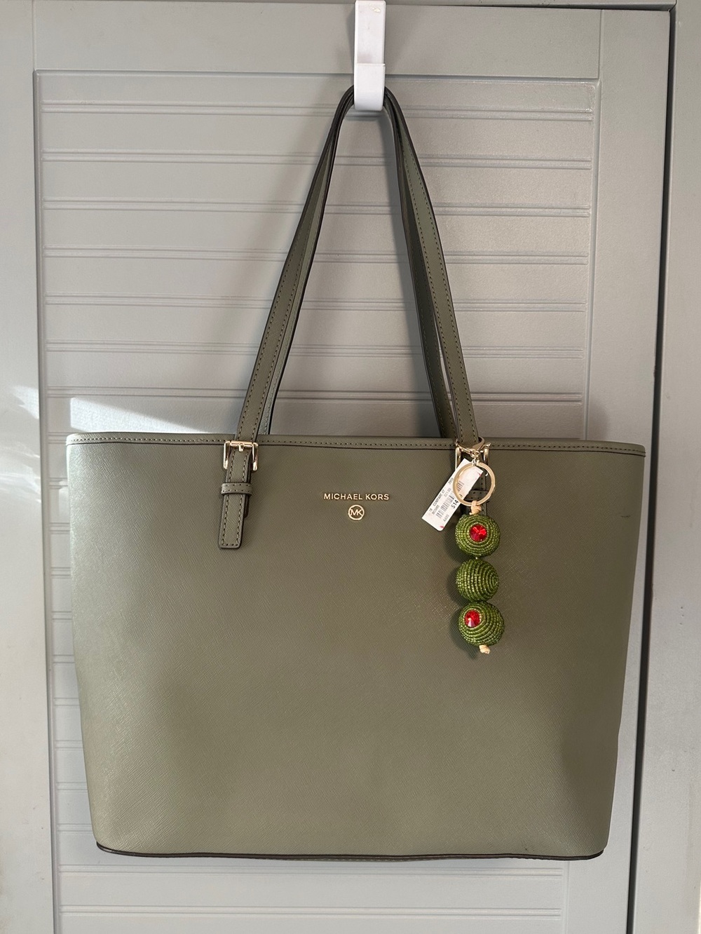 Michael Kors Quinn Olive Green Pebbled Leather Tote Bag w/ Charm & Wallet